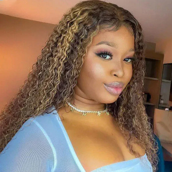 QVR Highlight Curly Wig Human Hair Wigs 13x4 Transparent Lace Front Wig Honey Blonde Color - Image 4