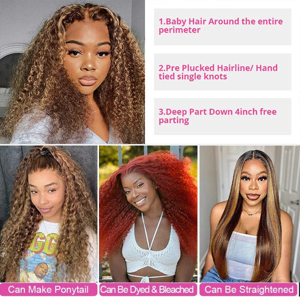 QVR Highlight Curly Wig Human Hair Wigs 13x4 Transparent Lace Front Wig Honey Blonde Color - Image 5