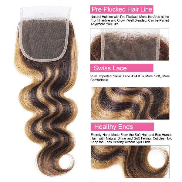 Highlight Body Wave Human Hair 3 Bundles with 4x4 Lace Closure P4/27 - Image 3