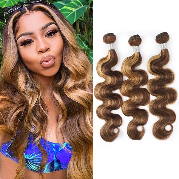 Highlight Body Wave Human Hair 3 Bundles with 4x4 Lace Closure P4/27 - Image 4