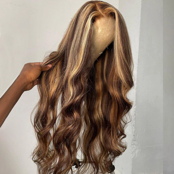 Honey Blonde Highlight Lace Front Wigs Body Wave Human Hair Wig 13x4 HD Lace Frontal Wigs - Image 4