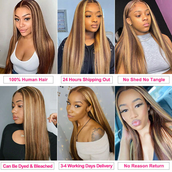 Highlight Hair Bundles Virgin Straight Human Hair 4 Bundles Ombre Honey Blonde P4/27 Color - Image 4