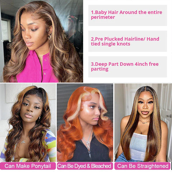 QVR Body Wave Human Hair Wigs Highlight Balayage HD Lace Front Wigs 4x4 5x5 Lace Closure Wigs - Image 6