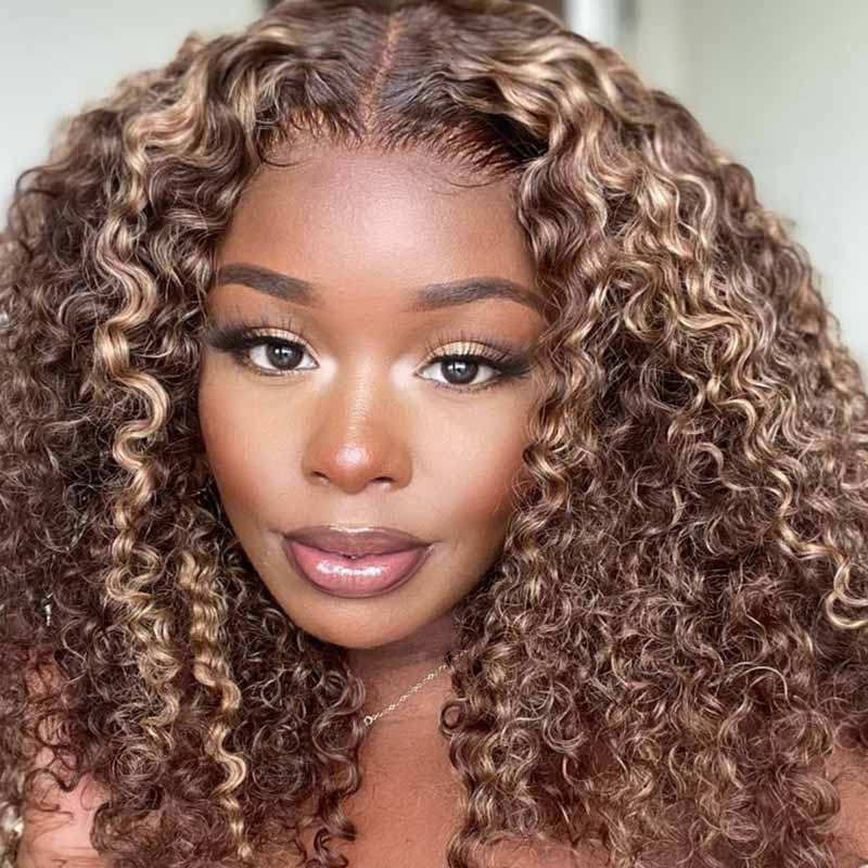 QVR Deep Wave Closure Wigs Human Hair Wigs 180% Density 4x4 Lace Closure Highlight Wigs Honey Blonde - Image 4