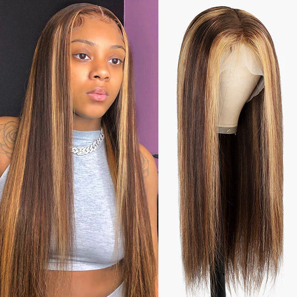 Highlight 4x4 HD Lace Wigs Straight Human Hair Balayage Wigs 5x5 Transparent Lace Closure Wigs 180% Density - Image 2