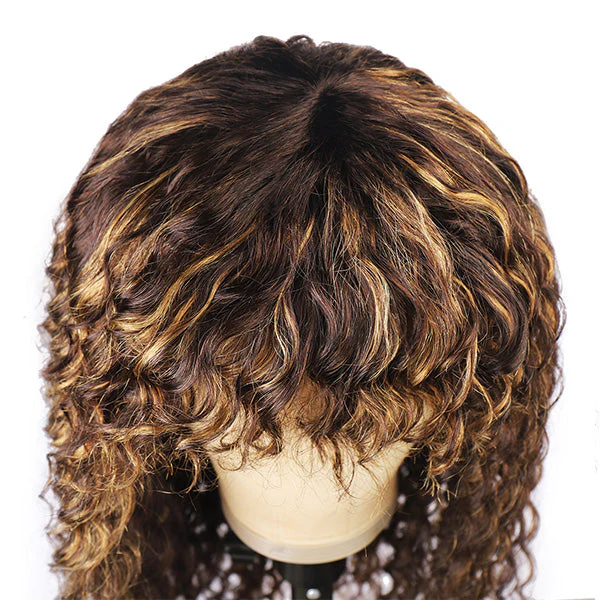 Highlight Human Hair Wigs With Bangs Deep Wave No Lace Wig - Image 4