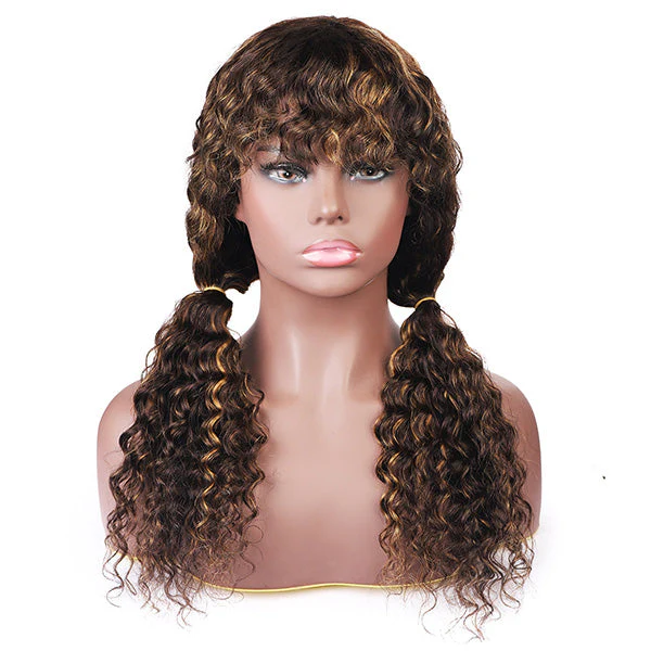 Highlight Human Hair Wigs With Bangs Deep Wave No Lace Wig - Image 5