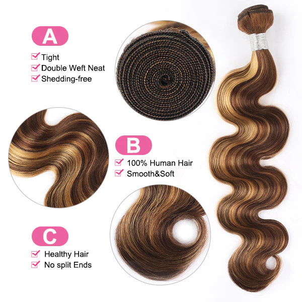 Highlight Body Wave Hair 3 Bundles with 13x4 Lace Frontal Closure Ear to Ear Virgin Human Indian Hair - Image 3