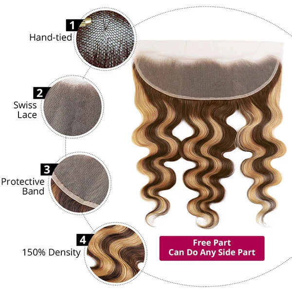 Highlight Body Wave Hair 3 Bundles with 13x4 Lace Frontal Closure Ear to Ear Virgin Human Indian Hair - Image 4