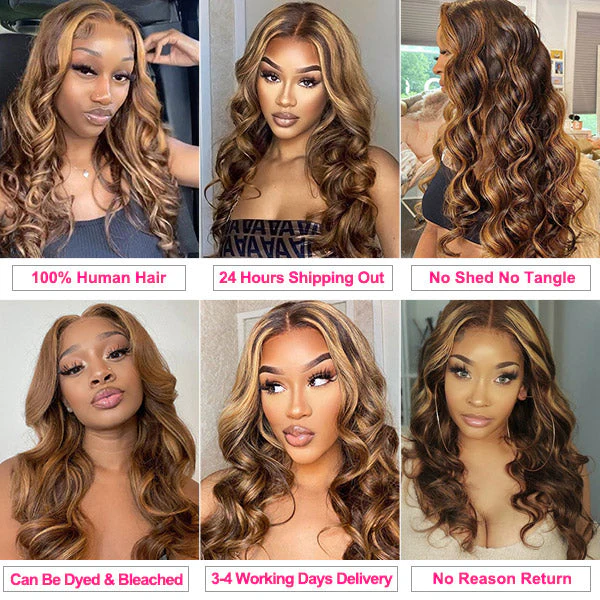 Highlight Body Wave Hair 3 Bundles with 13x4 Lace Frontal Closure Ear to Ear Virgin Human Indian Hair - Image 5