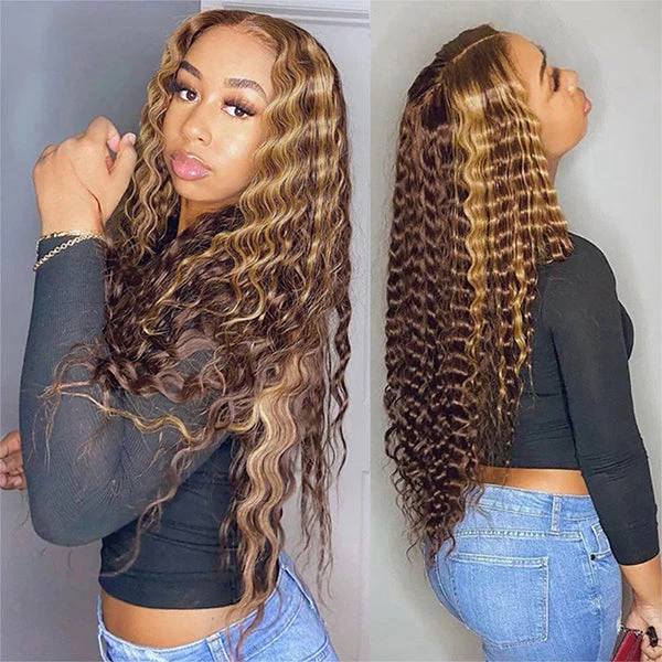 QVR Highlight Wigs Deep Wave 13x4 HD Lace Front Wigs Ombre Honey Blonde Human Hair Wigs - Image 2