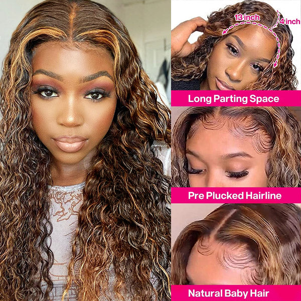 QVR Highlight Wigs Deep Wave 13x4 HD Lace Front Wigs Ombre Honey Blonde Human Hair Wigs - Image 4