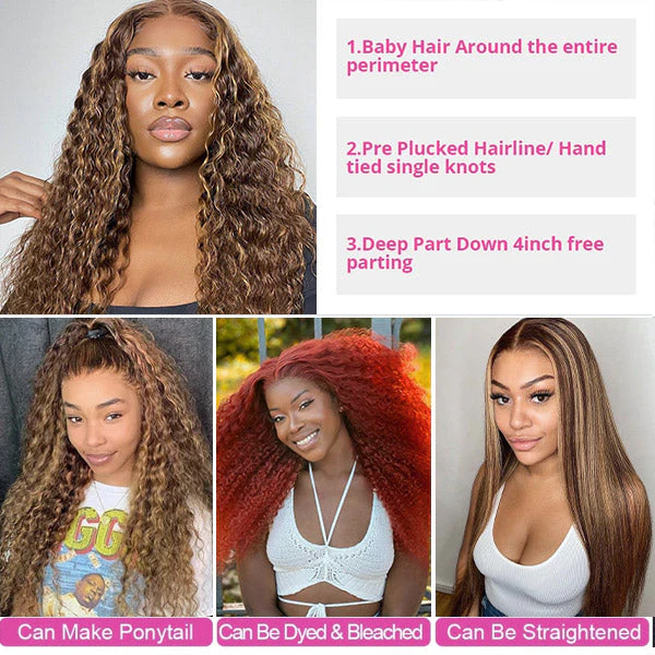QVR Highlight Wigs Deep Wave 13x4 HD Lace Front Wigs Ombre Honey Blonde Human Hair Wigs - Image 6