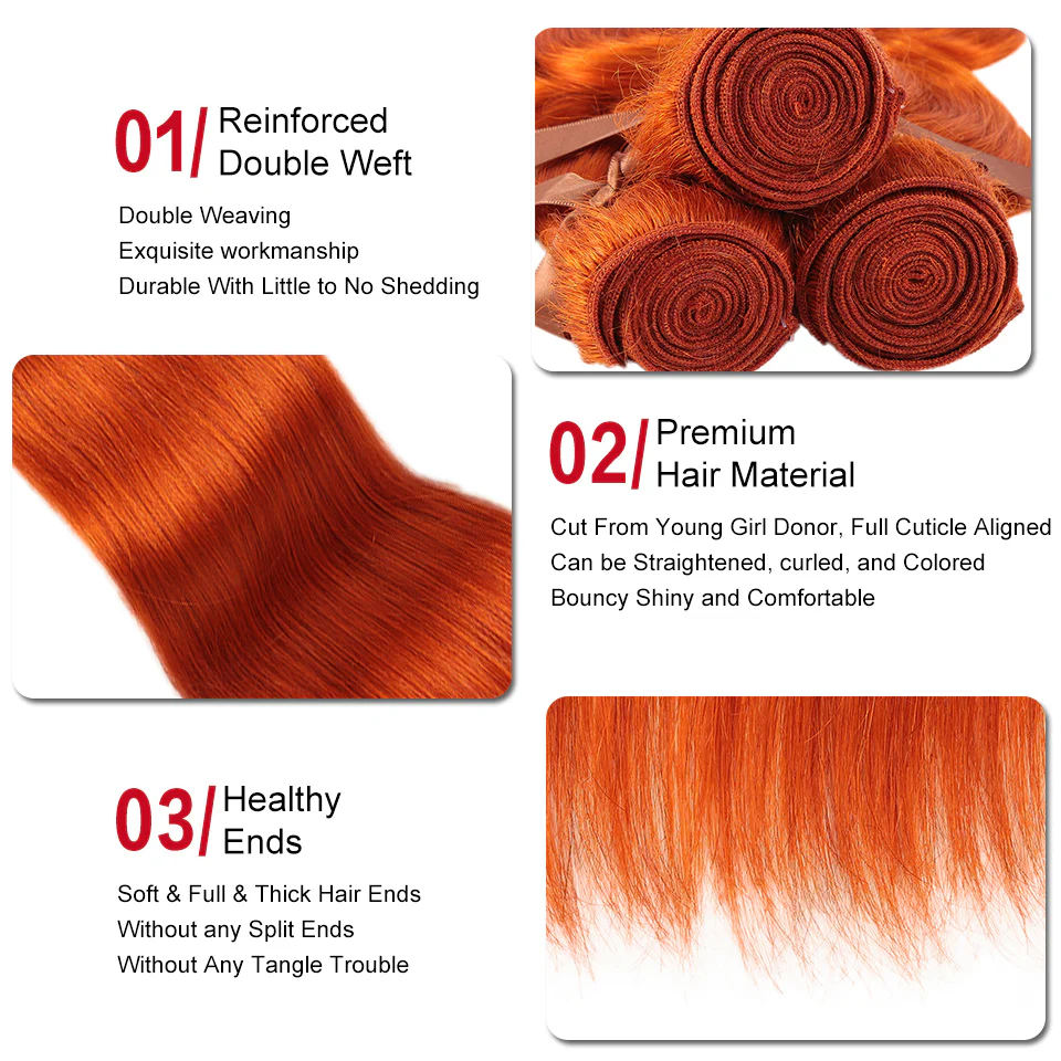 Orange Remy Human Hair Bundles with Frontal Closure Straight 3 Bundles with 13*4 Lace Frontal Ginger Color Straight Hair - Image 5