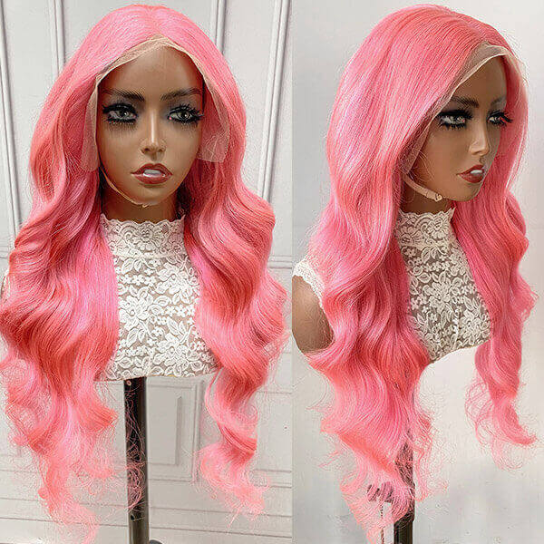 QVR Body Wave Wigs Virgin Human Hair Pink Colored Wig 13x4 Transparent Lace Front with Pre-Plucked - Image 2