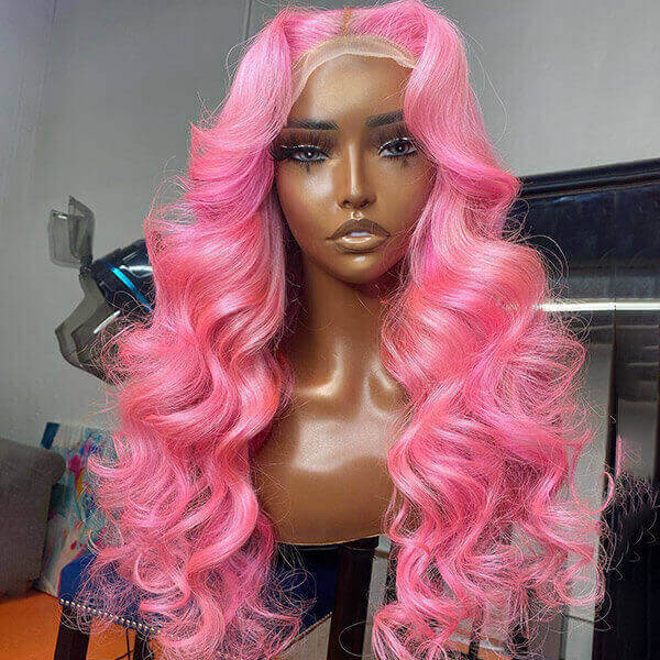 QVR Body Wave Wigs Virgin Human Hair Pink Colored Wig 13x4 Transparent Lace Front with Pre-Plucked - Image 3