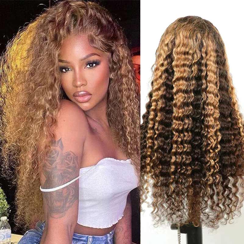 QVR Glueless Pre-cut 4x4 HD Lace Closure Human Hair Wigs Deep Wave Piano #4/27 Highlight Wear & Go Wigs - Image 3