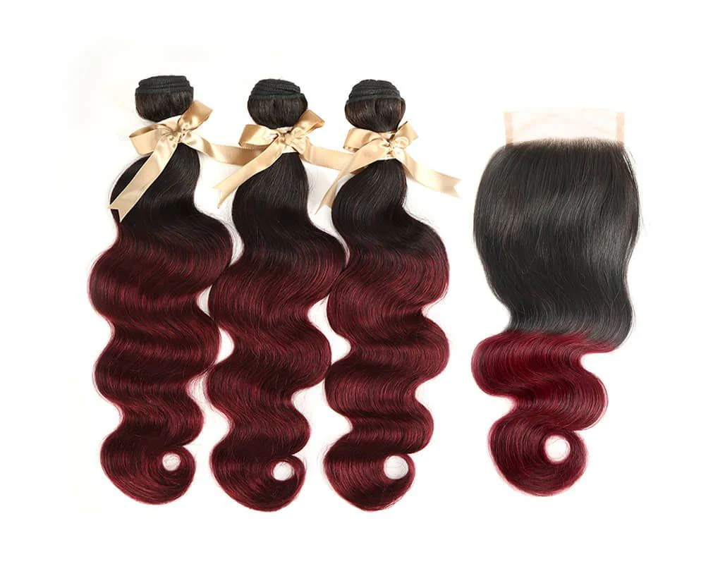 QVR Remy Body Wave Human Hair Bundles With Closure 1B Burgundy Remy Peruvian Dyed Omber 3 Bundles With Frontal 4x4 Brazilian Human Hair - Image 3
