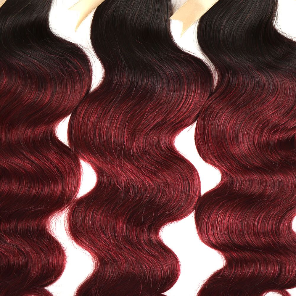 QVR Remy Body Wave Human Hair Bundles With Closure 1B Burgundy Remy Peruvian Dyed Omber 3 Bundles With Frontal 4x4 Brazilian Human Hair - Image 6
