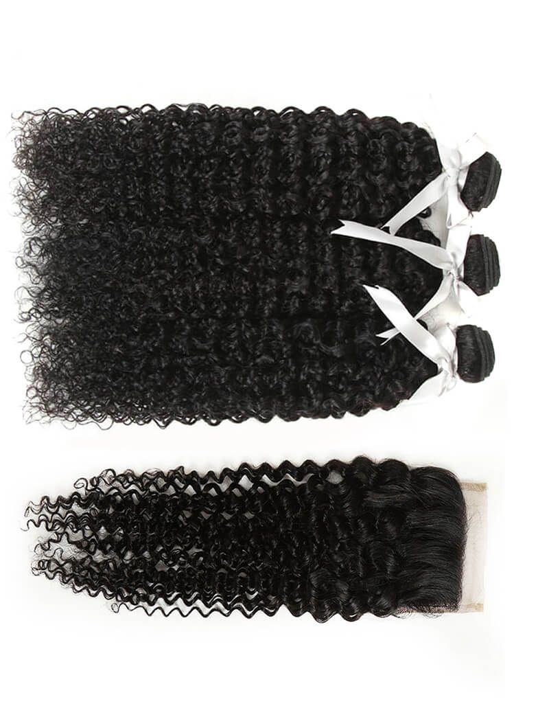 Remy Jerry Curl Human Hair Natural Black 3/4 Bundles With 4x4 Lace Closure - Image 3