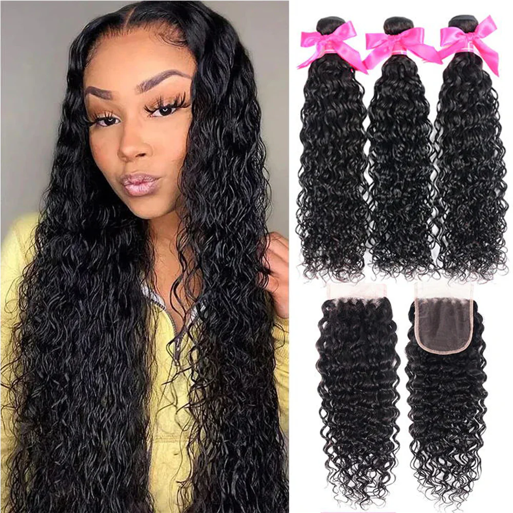QVR Remy 3 Bundles Natural Black Water Wave With 4x4 Lace Closure