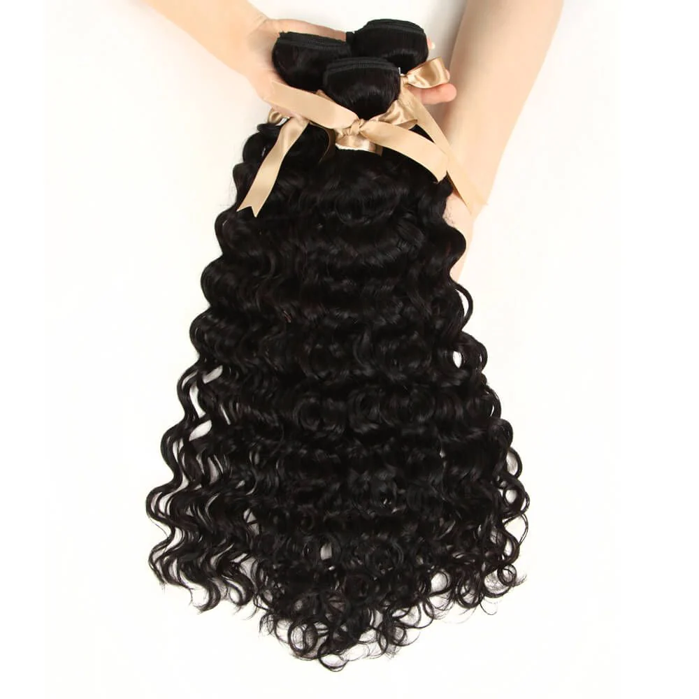 QVR Remy 3 Bundles Natural Black Water Wave With 4x4 Lace Closure - Image 3