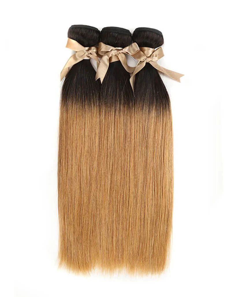 QVR Remy Human Hair 3 Bundles Straight Hair T1B/27 - Image 3
