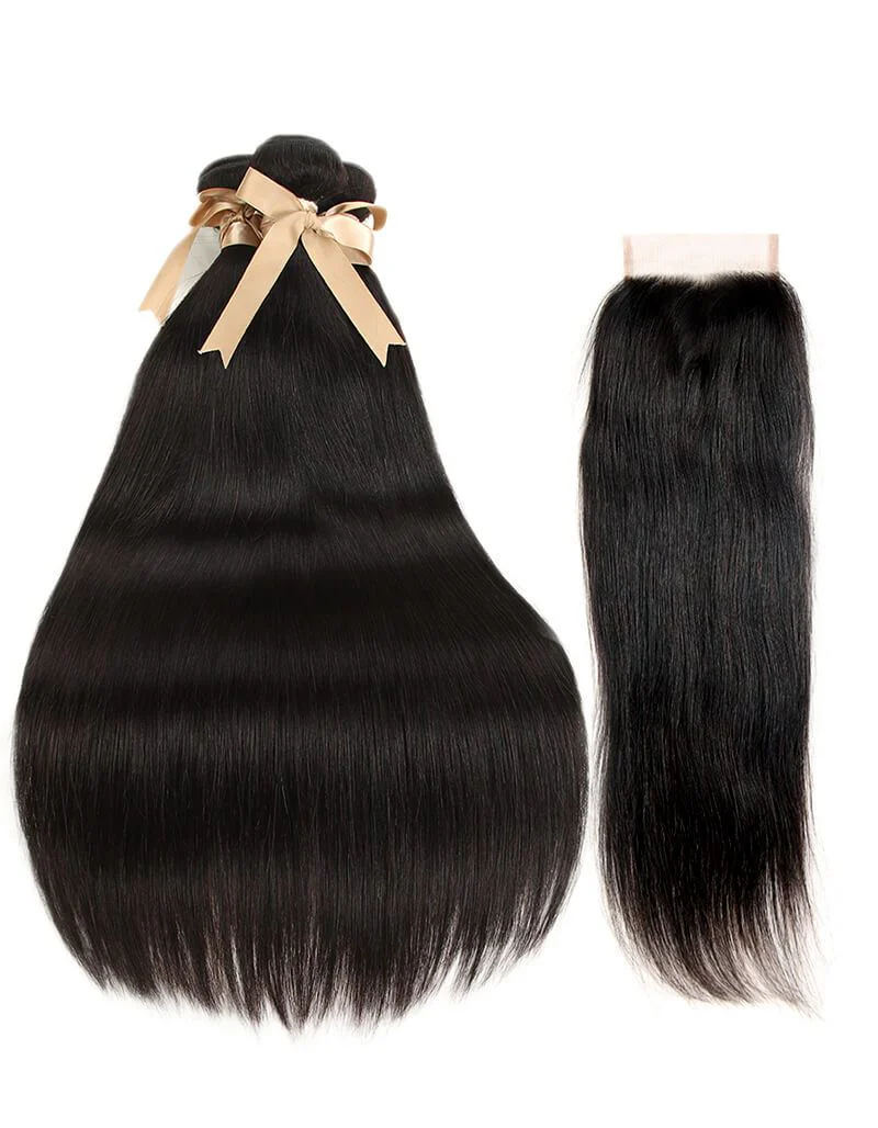 QVR Remy Human Hair Straight Hair Weave 3 Bundles With 4x4 Lace Closure - Image 2