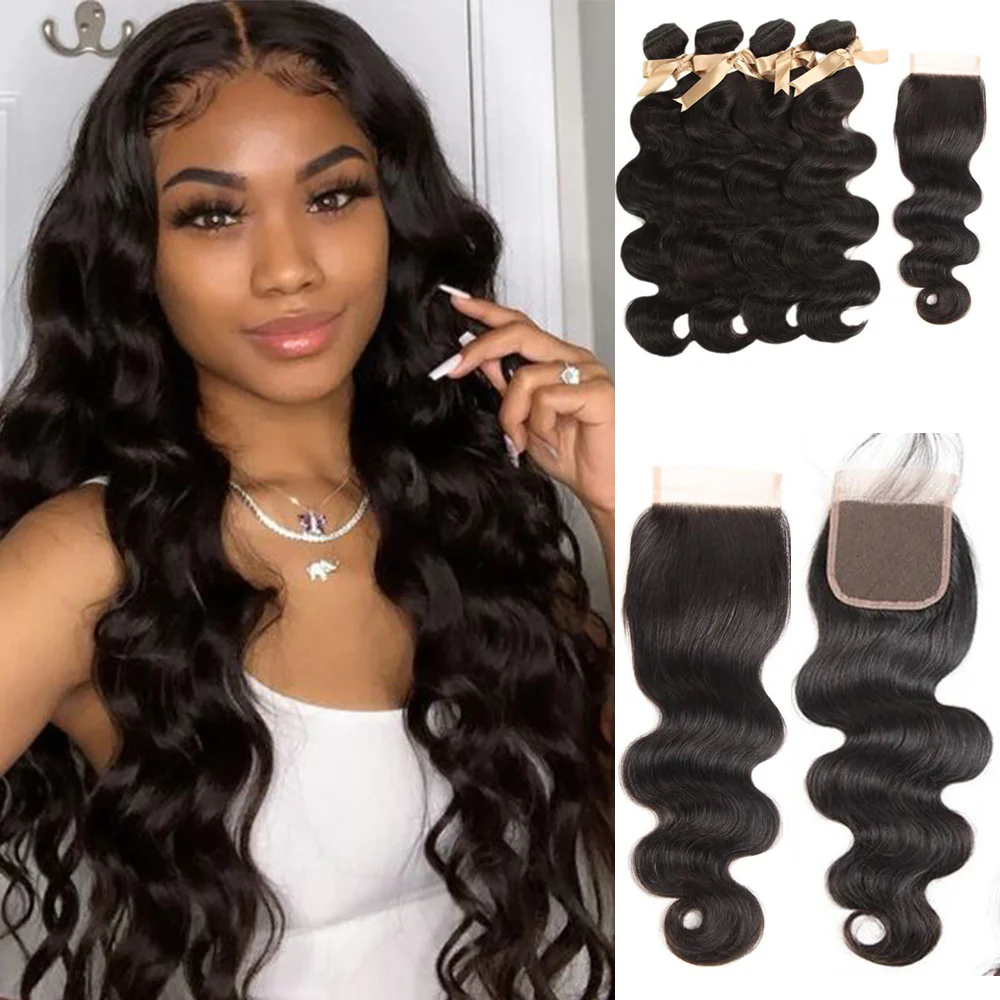 QVR Remy Human Hair Bundle With Closure Body Wave 4 Bundles With 4x4 Lace Closure Natural Color
