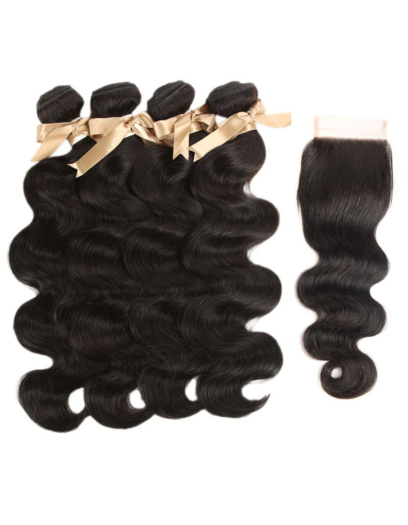 QVR Remy Human Hair Bundle With Closure Body Wave 4 Bundles With 4x4 Lace Closure Natural Color - Image 2