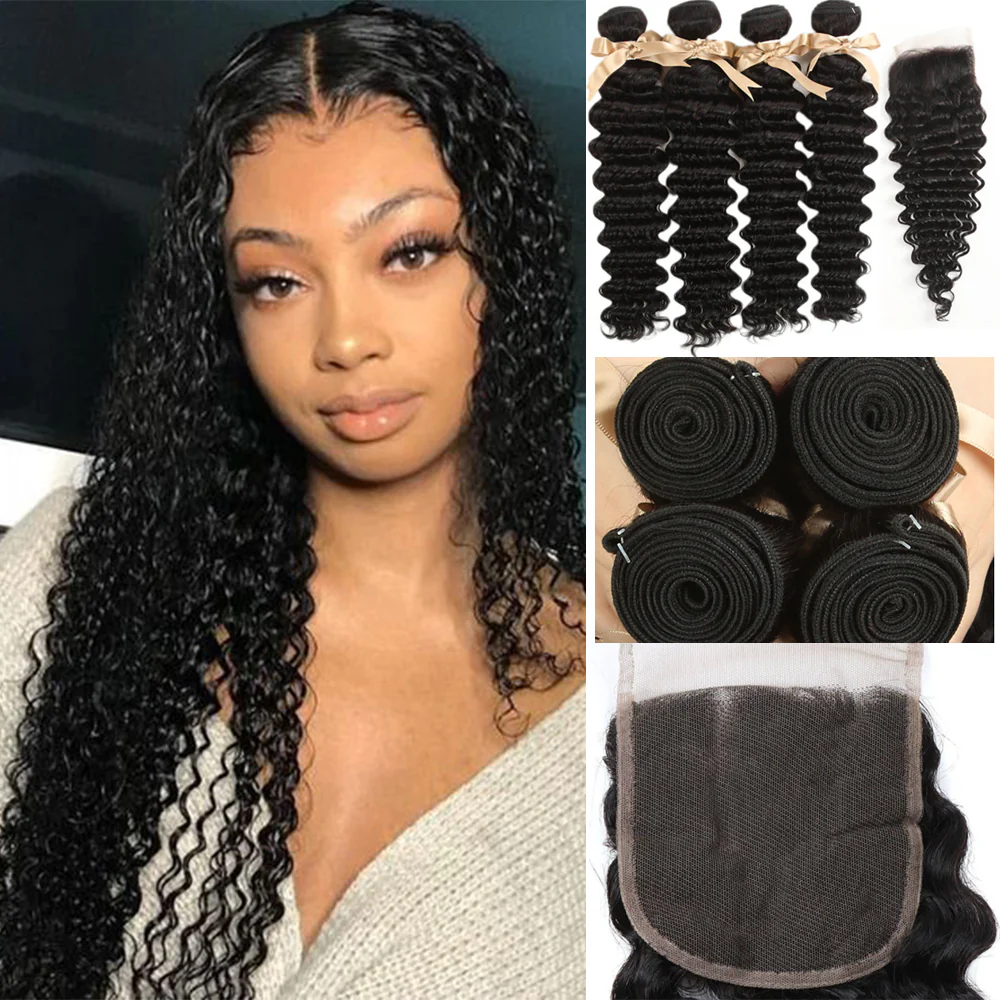QVR Remy Human Hair 4 Bundles With Closure Deep Wave With 4x4 Lace Closure Natural Black