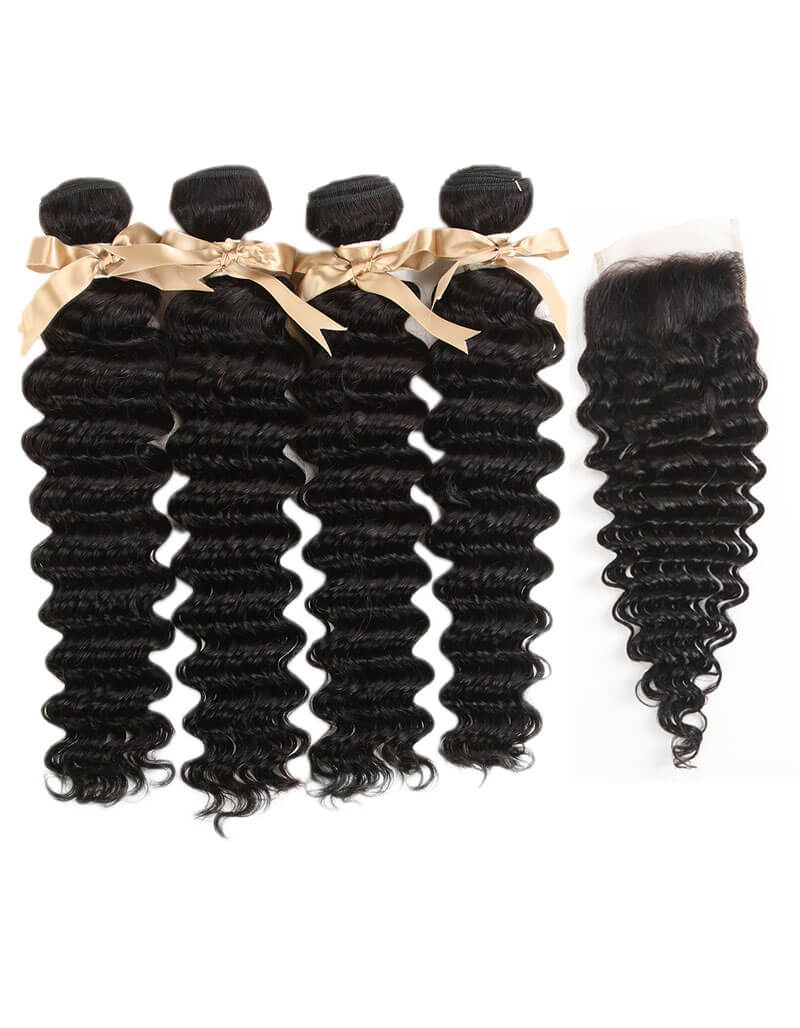 QVR Remy Human Hair 4 Bundles With Closure Deep Wave With 4x4 Lace Closure Natural Black - Image 2