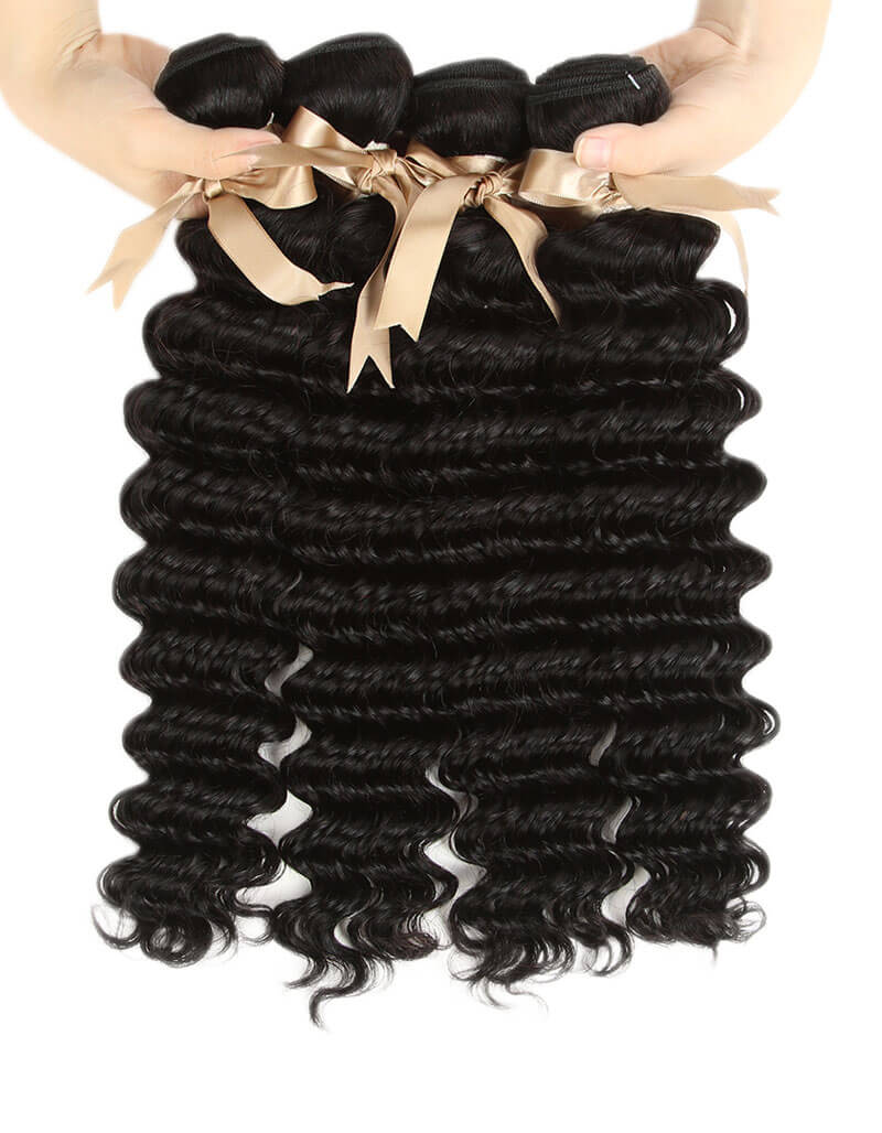 QVR Remy Human Hair 4 Bundles With Closure Deep Wave With 4x4 Lace Closure Natural Black - Image 5