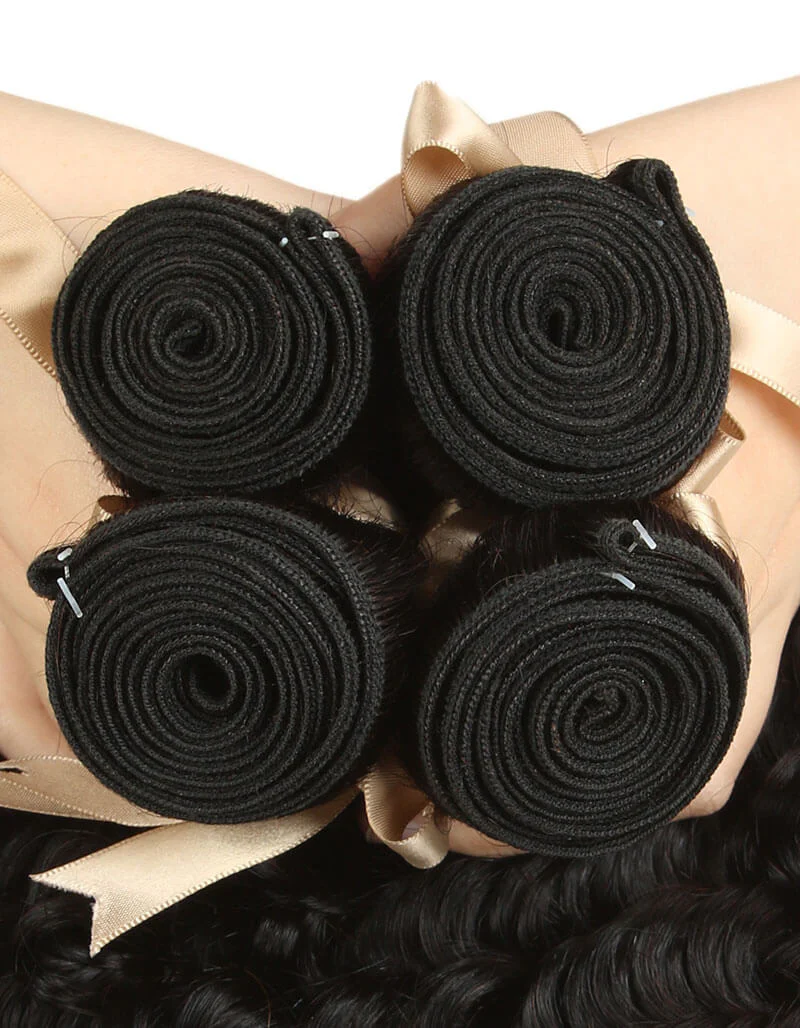 QVR Remy Human Hair 4 Bundles With Closure Deep Wave With 4x4 Lace Closure Natural Black - Image 6