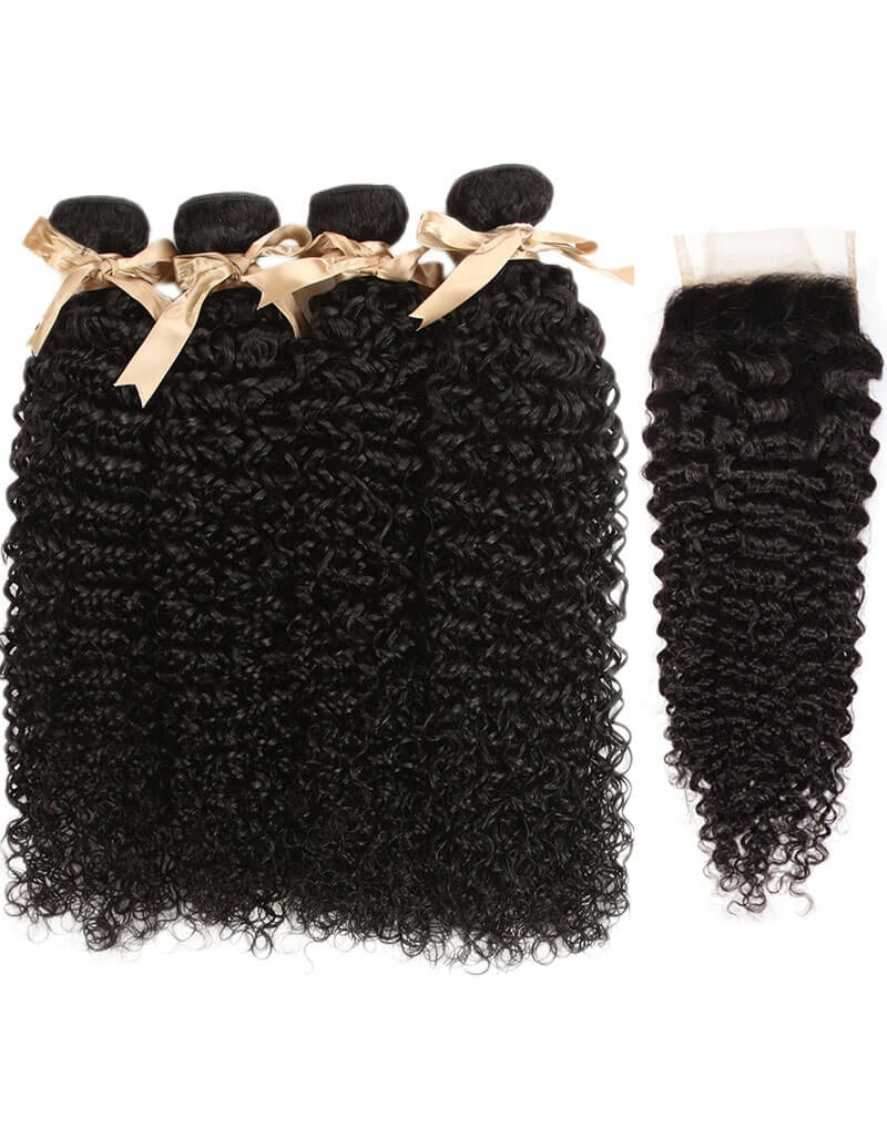 QVR Remy 4 Bundles Jerry Curl With 4X4 Lace Closure Kinky Curly Hair Natural Color - Image 2