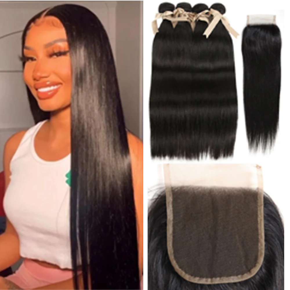 QVR Remy Human Hair Straight Hair 4 Bundles With 4x4 Lace Closure Natural Color - Image 2