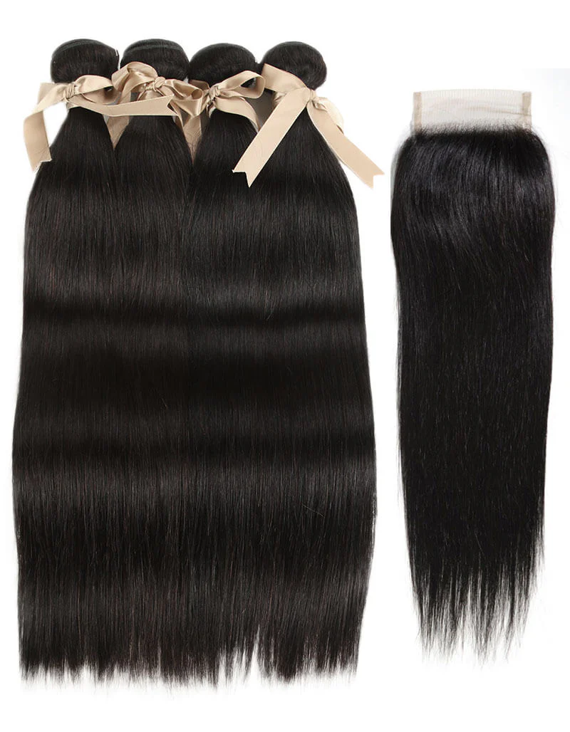 QVR Remy Human Hair Straight Hair 4 Bundles With 4x4 Lace Closure Natural Color - Image 3