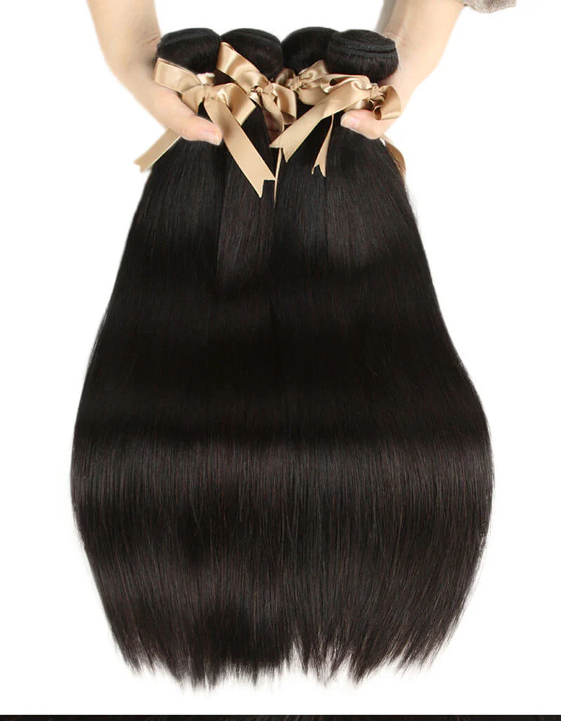 QVR Remy Human Hair Straight Hair 4 Bundles With 4x4 Lace Closure Natural Color - Image 5