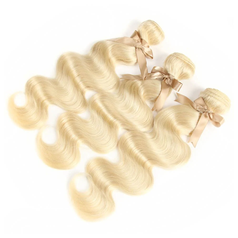 QVR Remy Human Hair Blonde Hair Body Wave 3 Bundles With 4x4 Lace Closure 613 - Image 4