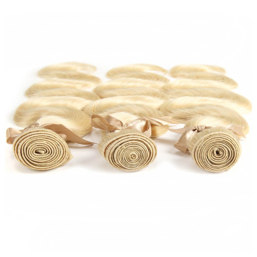 QVR Remy Human Hair Blonde Hair Body Wave 3 Bundles With 4x4 Lace Closure 613 - Image 5
