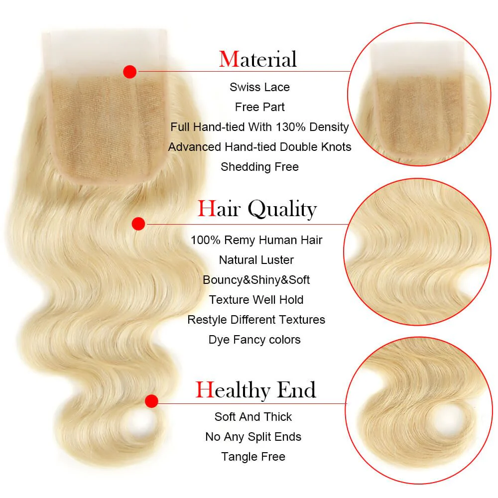 QVR Remy Human Hair Blonde Hair Body Wave 3 Bundles With 4x4 Lace Closure 613 - Image 8