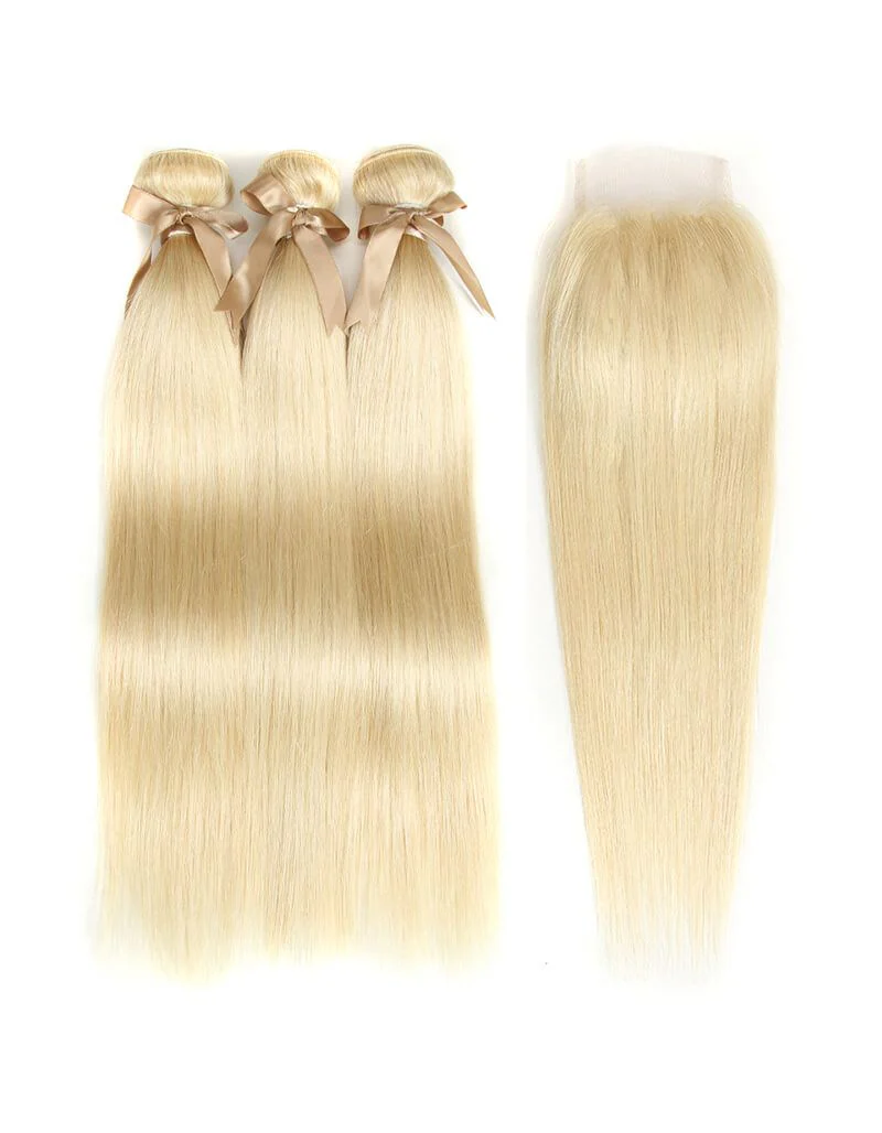 QVR Remy Human Hair Blonde Straight Hair 3 Bundles With 4x4 Lace Closure 613 - Image 2
