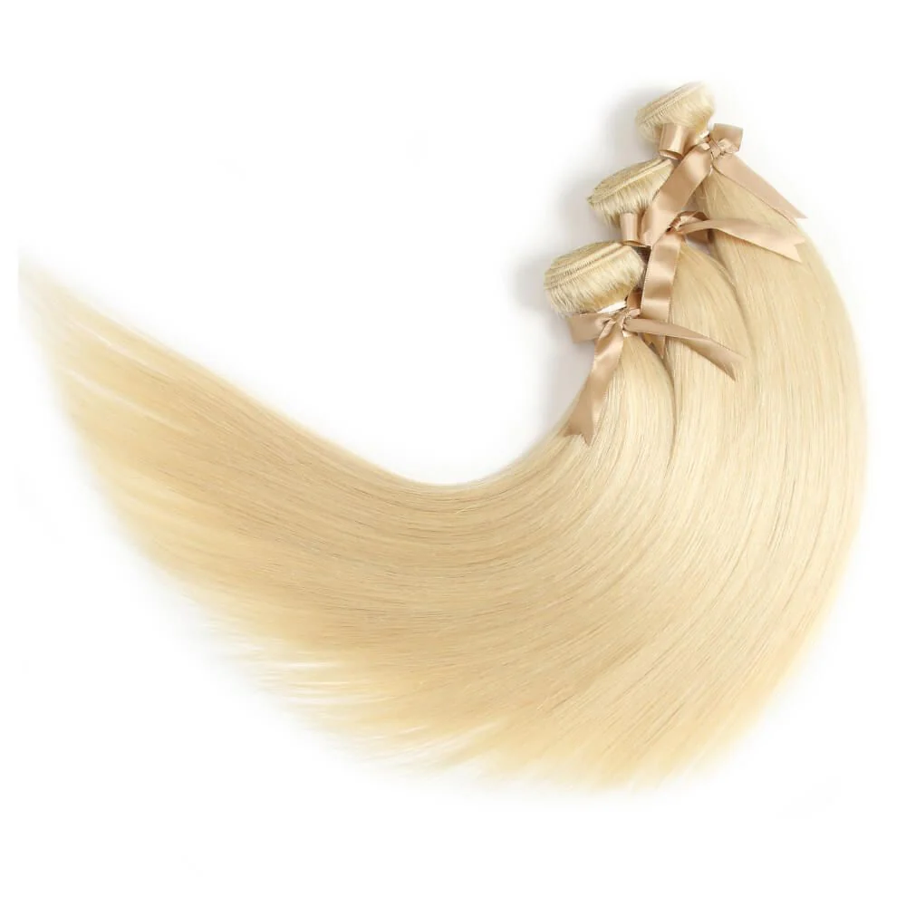 QVR Remy Human Hair Blonde Straight Hair 3 Bundles With 4x4 Lace Closure 613 - Image 5