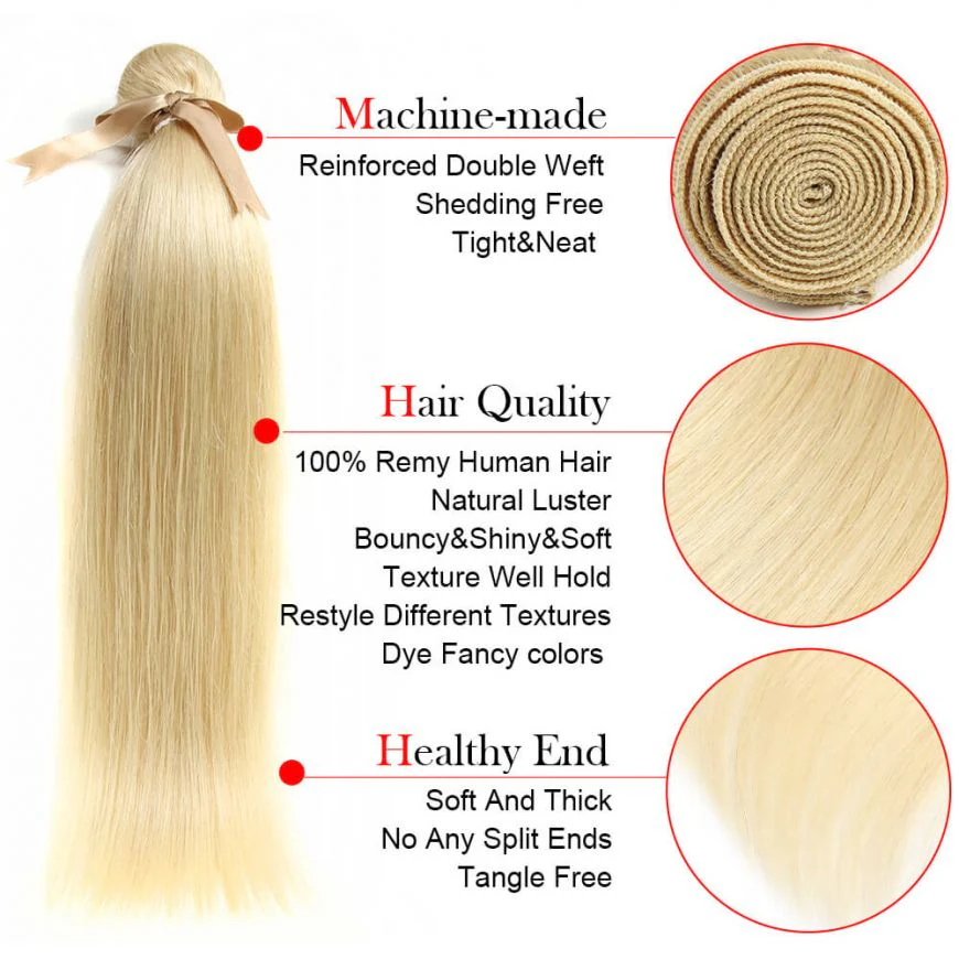 QVR Remy Human Hair Blonde Straight Hair 3 Bundles With 4x4 Lace Closure 613 - Image 6