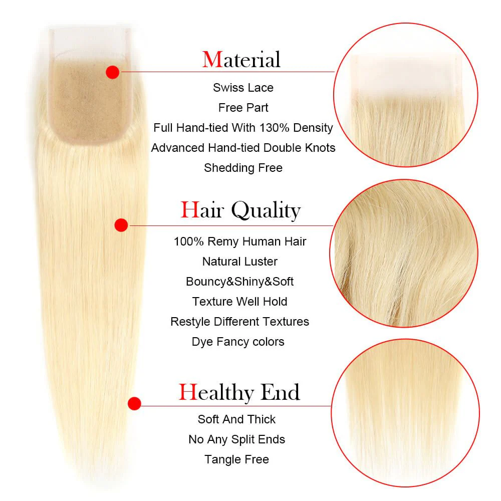 QVR Remy Human Hair Blonde Straight Hair 3 Bundles With 4x4 Lace Closure 613 - Image 7