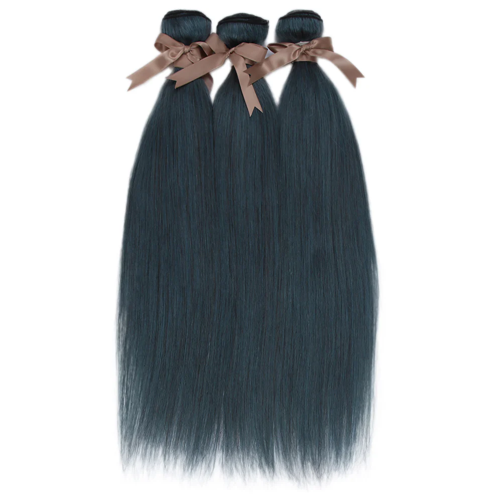 Queen Remy Human Hair 3 Bundles Straight Human Hair Weave Ink Blue Dark Green Color