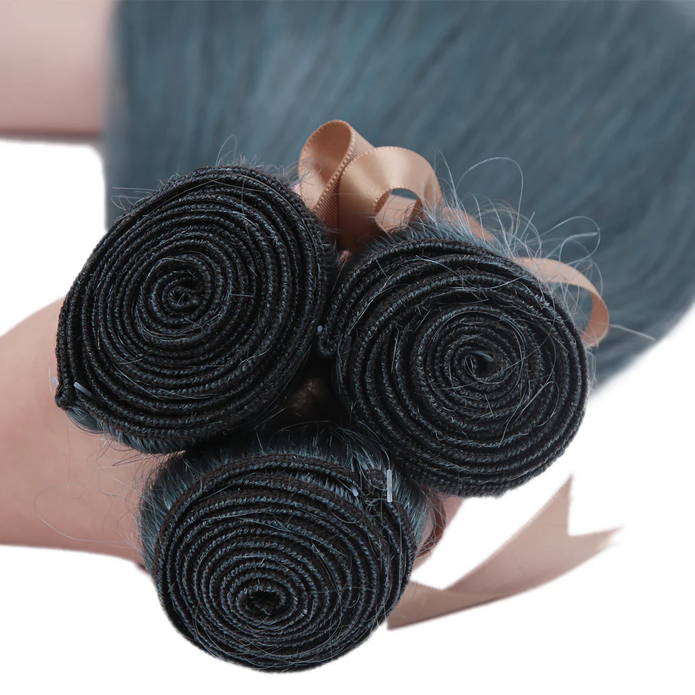 Queen Remy Human Hair 3 Bundles Straight Human Hair Weave Ink Blue Dark Green Color - Image 4