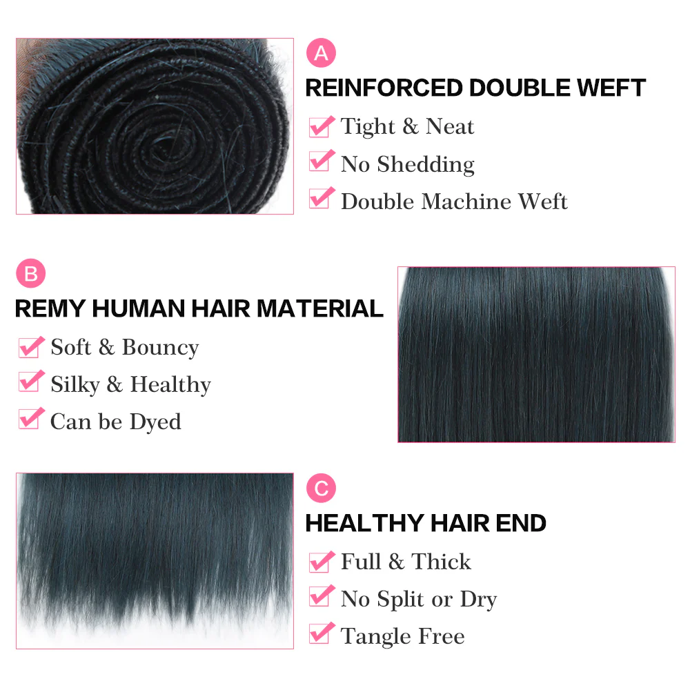 Queen Remy Human Hair 3 Bundles Straight Human Hair Weave Ink Blue Dark Green Color - Image 5
