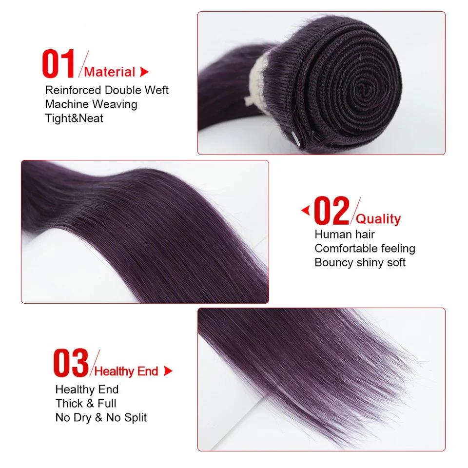 Queen Remy Human Hair 3 Bundles Straight Hair Weave Purple Color - Image 3