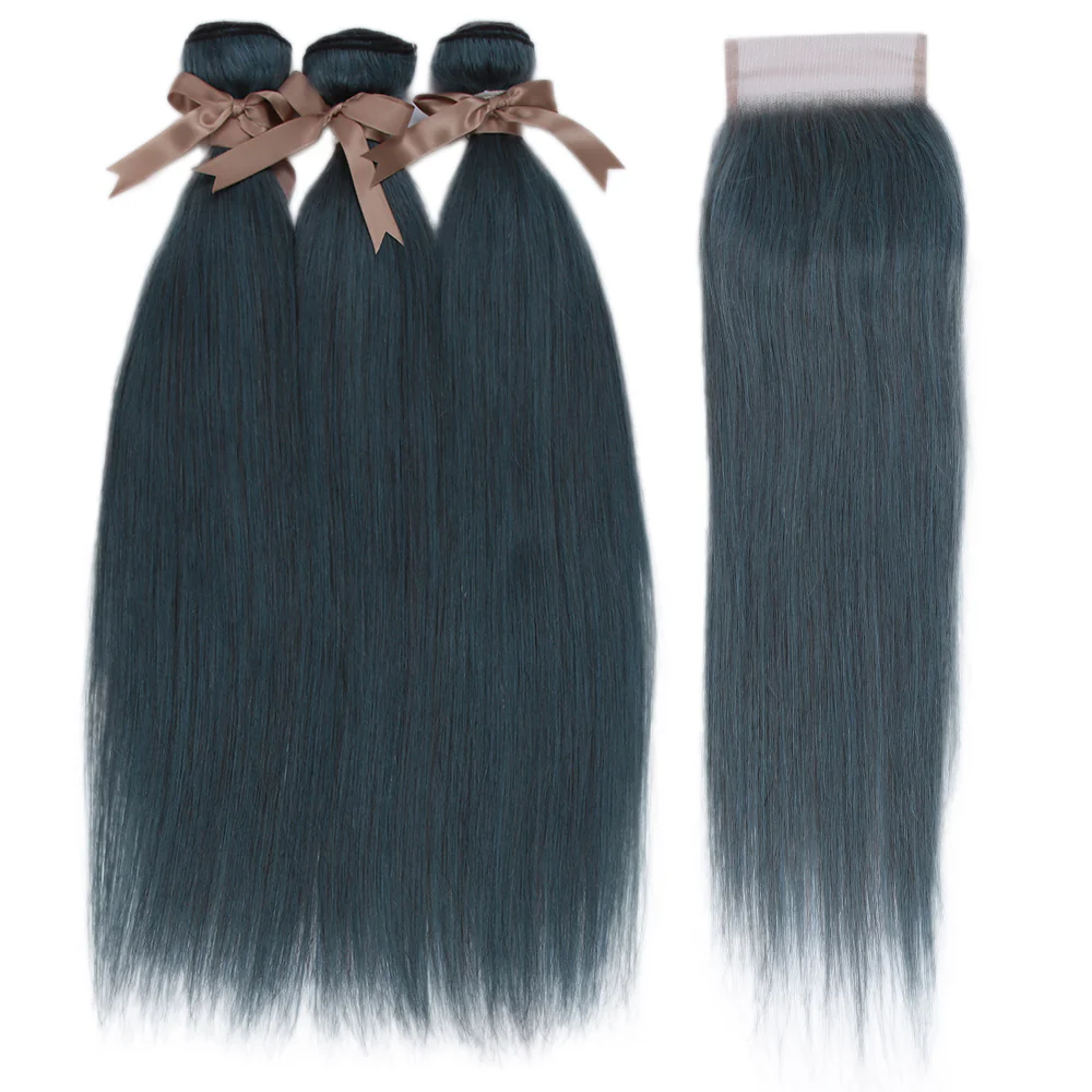 Queen Remy Human Hair 3 Bundles with Closure Straight Hair Weave Ink Blue Jade Shade Dark Green Color